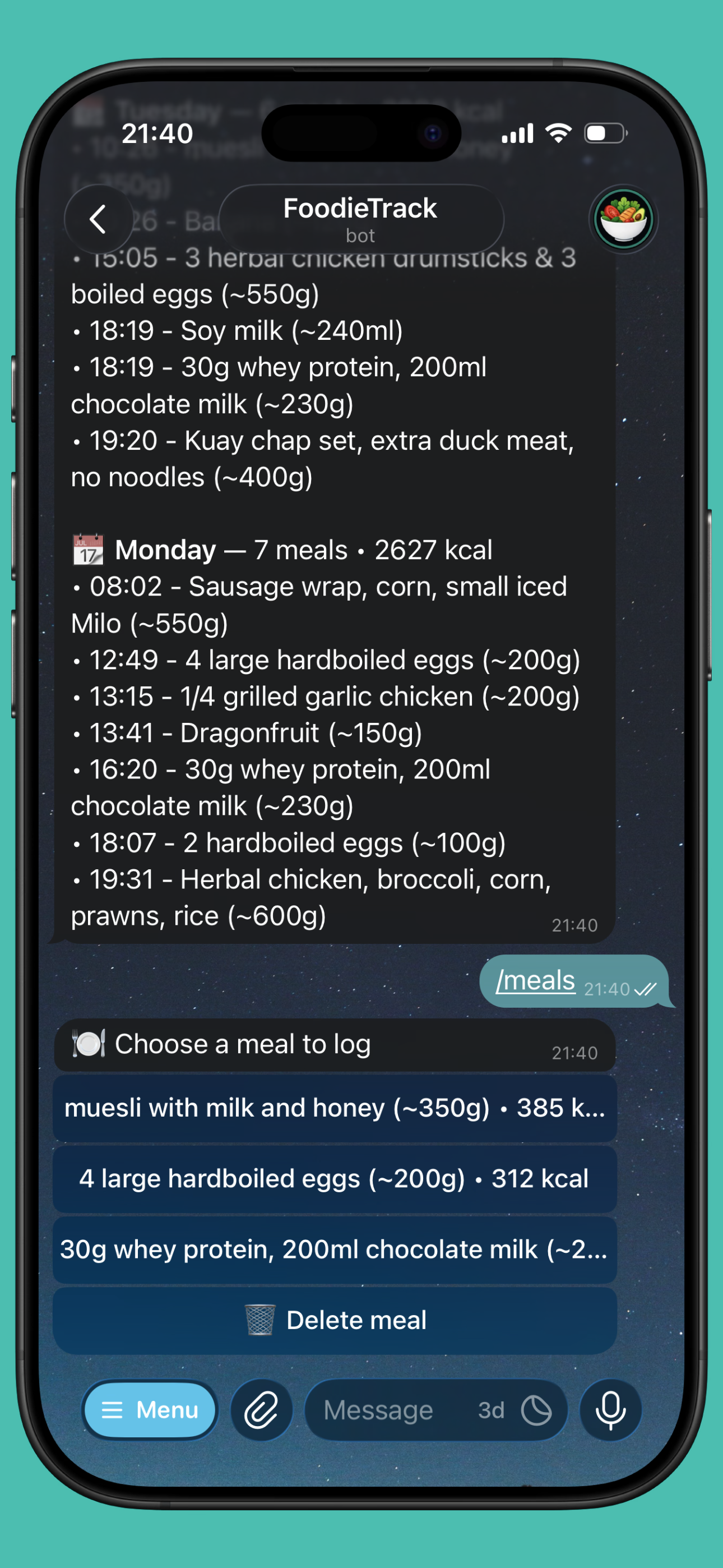 Saved meals screenshot