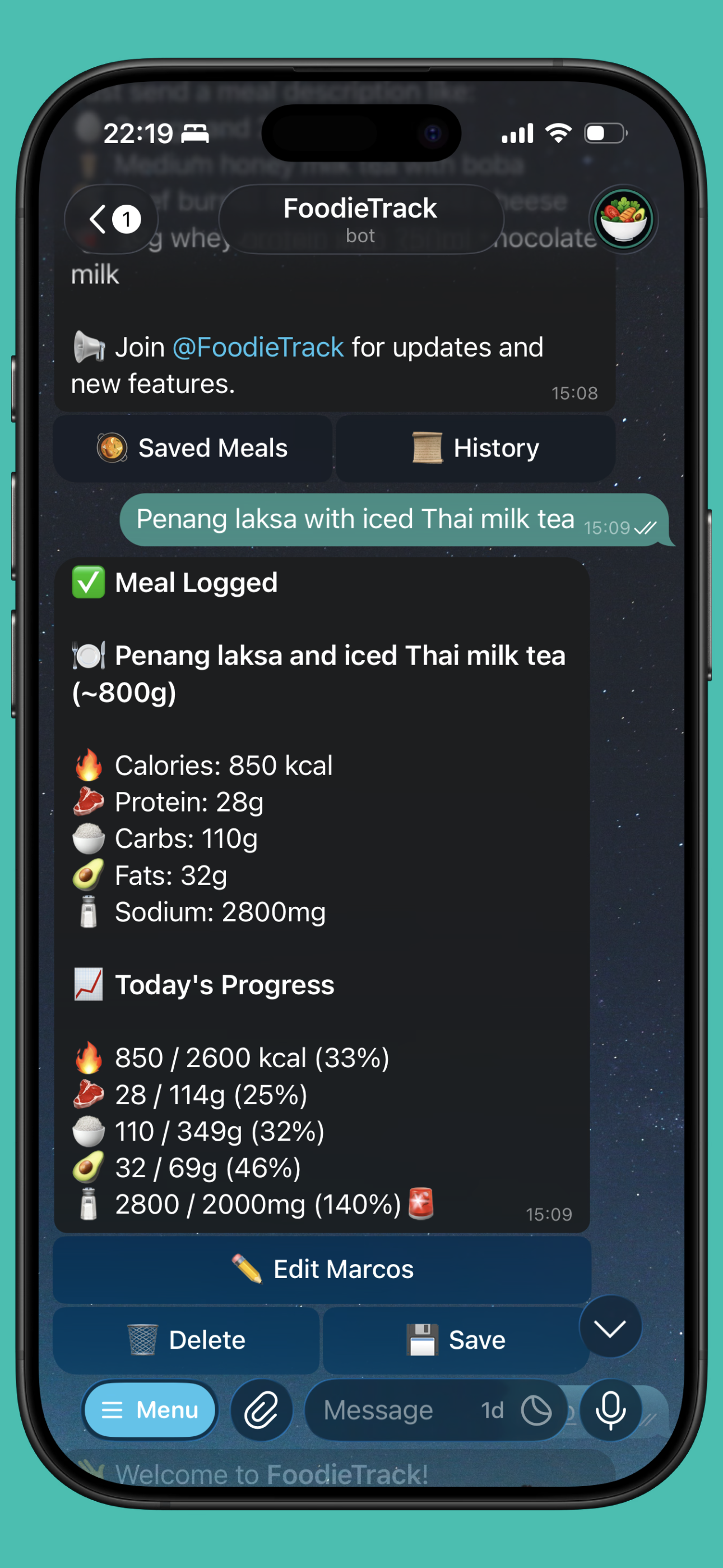 Meal logging screenshot